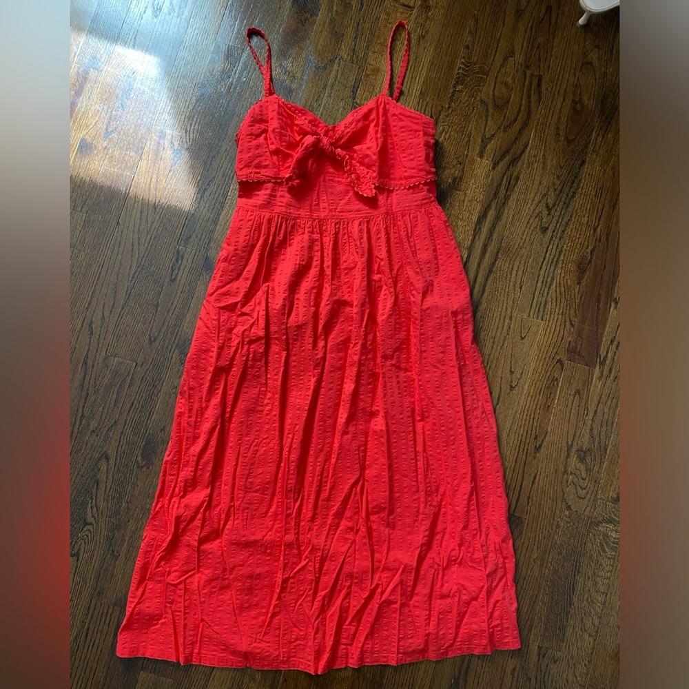 💃🏻tie front midi dress vibrant coral red adjustable straps cotton blend summer M - Picture 2 of 15